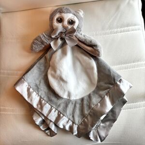 Bearington Baby Satin Trim & Backing Owl Plush Gray Lovey Security Blanket 18"